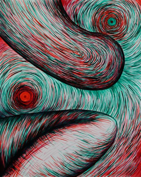 A red and teal ink painting.