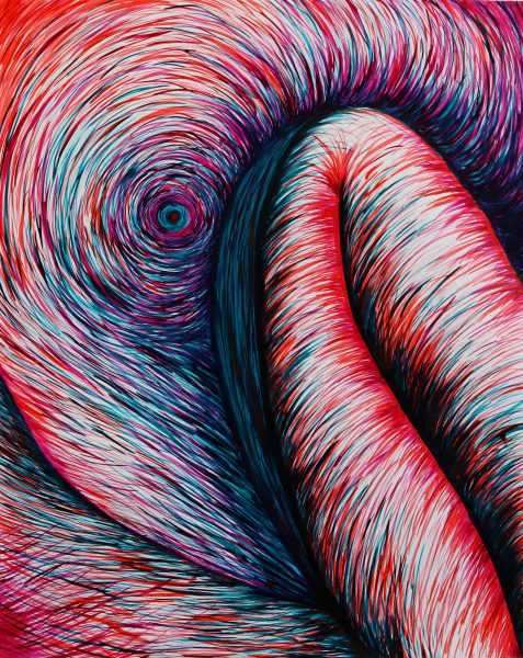 A red, blue, and violet ink painting.