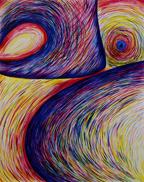 A yellow, blue, and red ink painting.