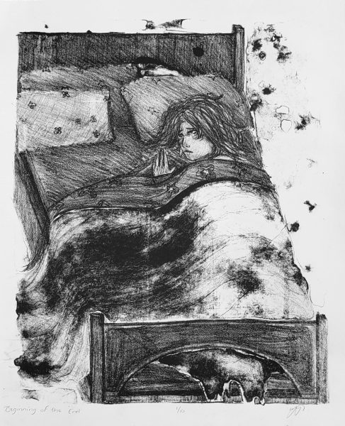 A lithograph of a person laying uneasy in their bed.