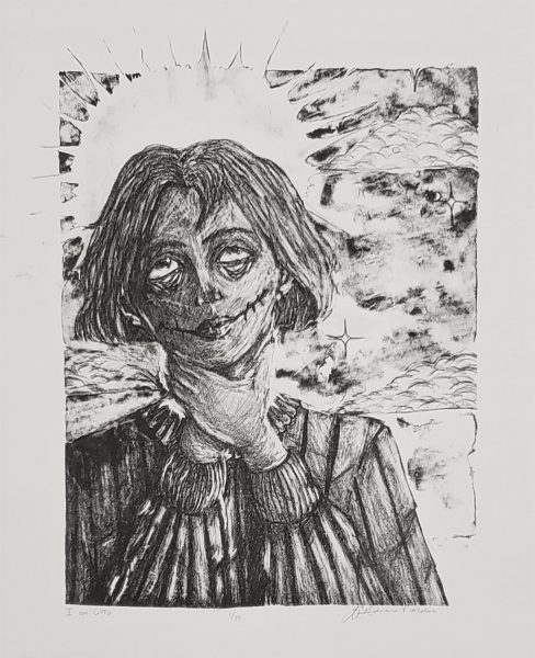 A lithograph of a woman with a stitched mouth holding her neck.