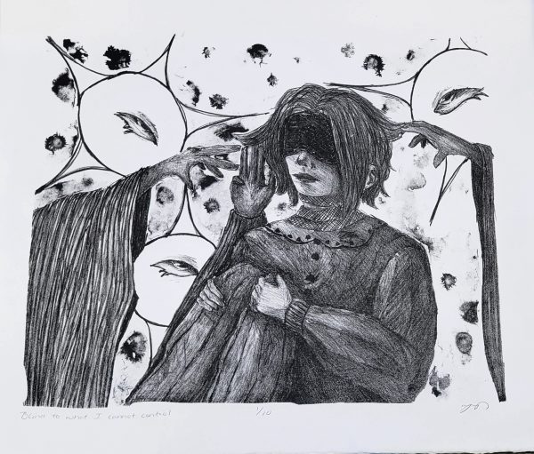 A lithograph of a person wearing a blindfold among several floating eyes.