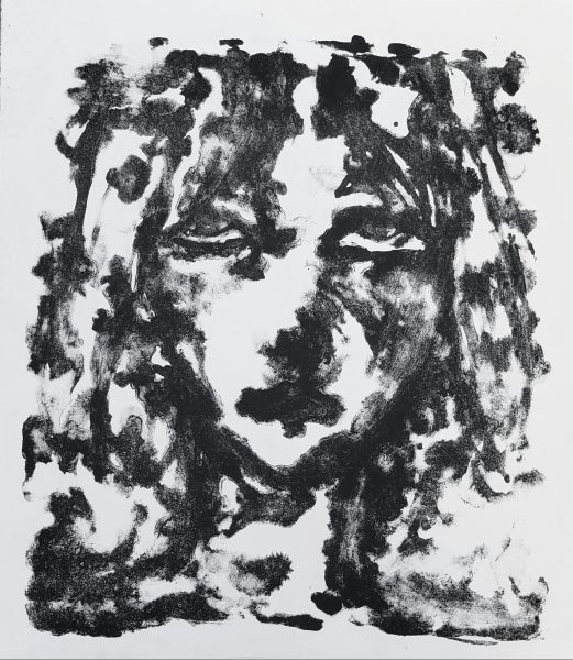 A black and white lithograph of a solemn woman glancing upward.