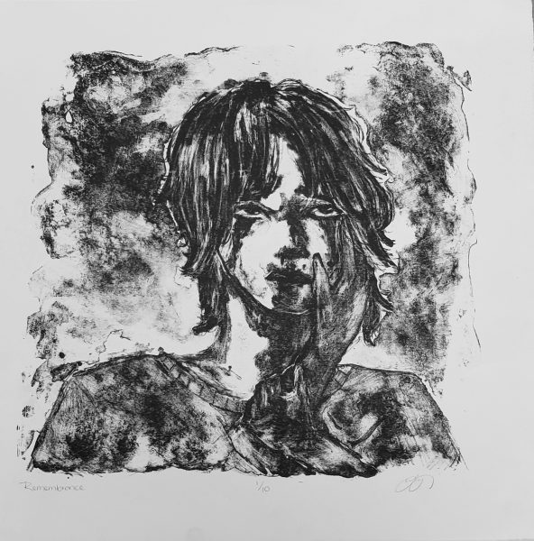 A black and white lithograph of a person lost in their thoughts.
