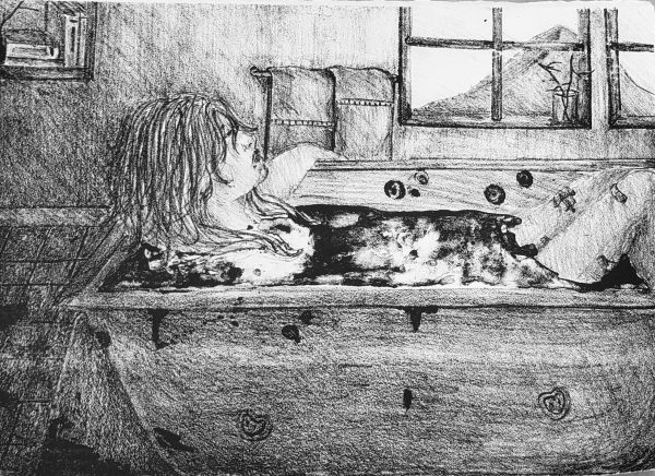 A black and white sketch of a woman sulking in a bathtub.
