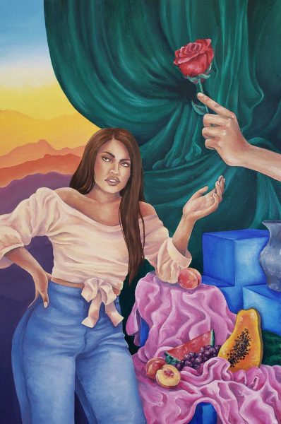 Painting of a woman scoffing next to a hand holding out a rose.