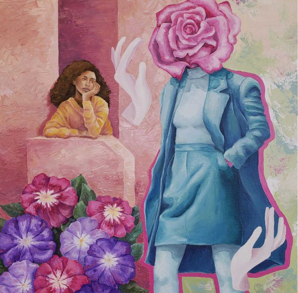 Painting of a woman looking at a woman with a head as a flower in a business suit.