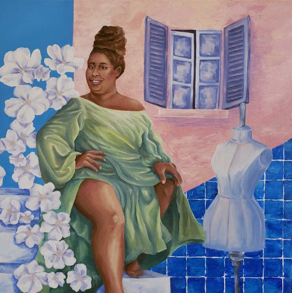 Painting of a woman in a green dress posing in front of a building window and some flowers.