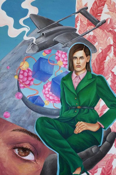 Painting of a woman in a suit sitting on a hand with a fighter jet in the background.