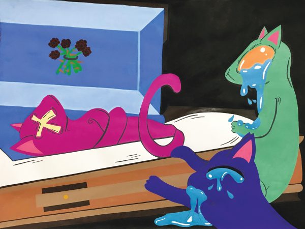 Illustration of cats at a funeral mourning their loss.