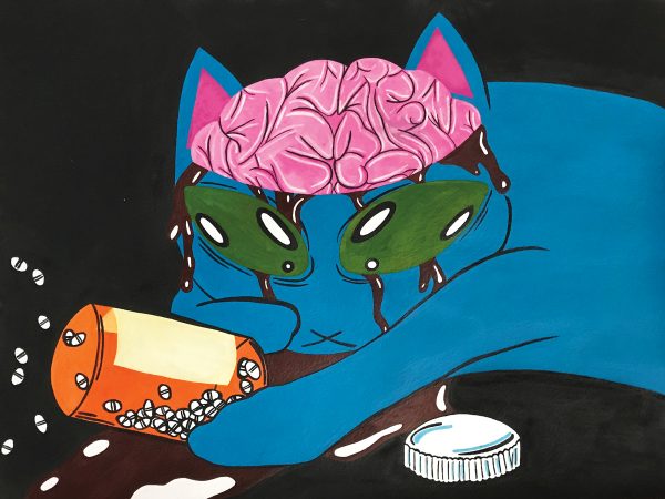 Illustration of a blue cat with exposed brain and pill lying around it.