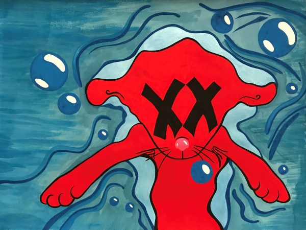 Illustration of a red dog being drowned in a body of water.