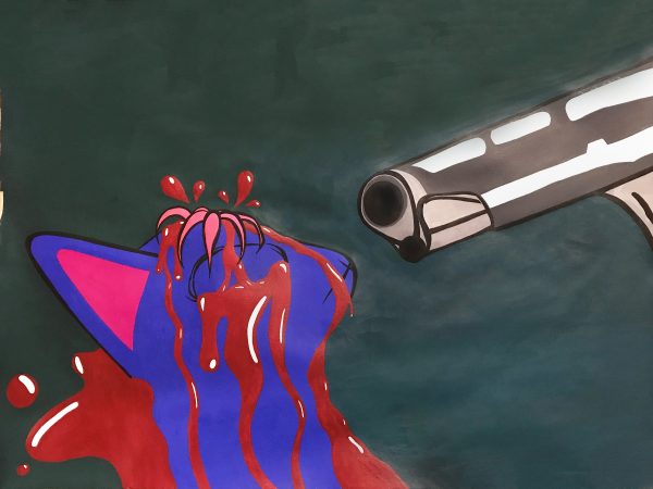 Illustration of a purple cat being shot with a firearm.