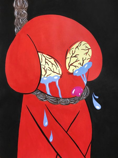 Illustration of a sad red dog with a noose around its neck.