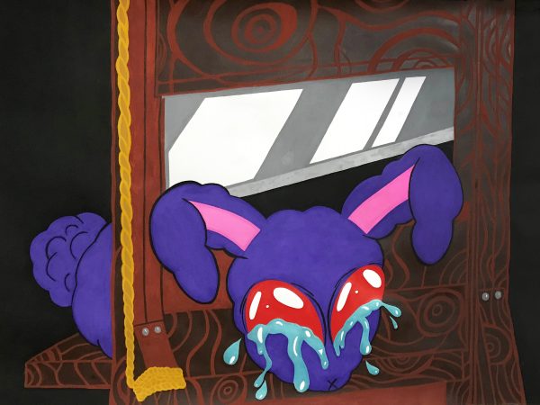 Illustration of a purple rabbit under a guillotine.