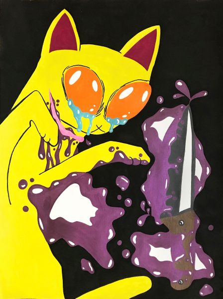 Illustration of an injured and crying yellow cat.