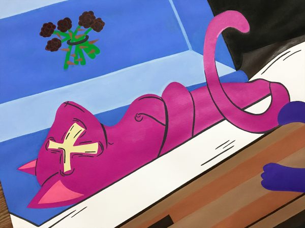 Illustrated closeup on pink dead cat in casket at a cat funeral.