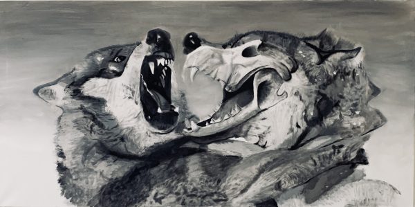 A painting of two wolves, one with a skull face, called "Night Terrors."