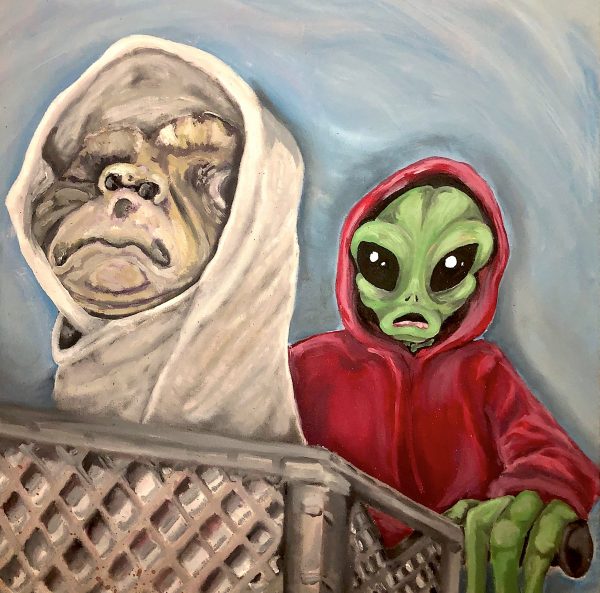 Painting of a traditional green alien pushing E.T. alien in a shopping cart.