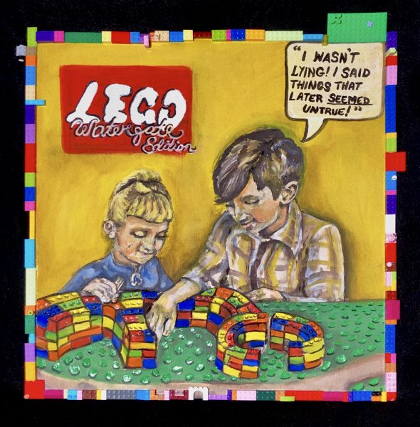 A Lego Watergate painting showing two kids playing with legos.