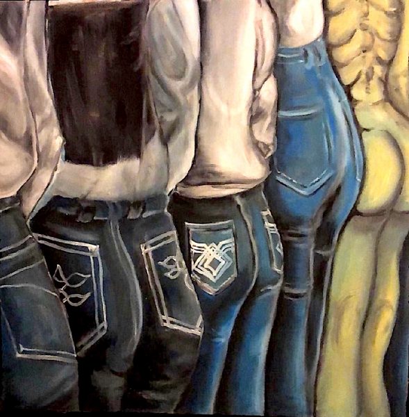 A painting showcasing the backsides of people wearing Levis jeans.