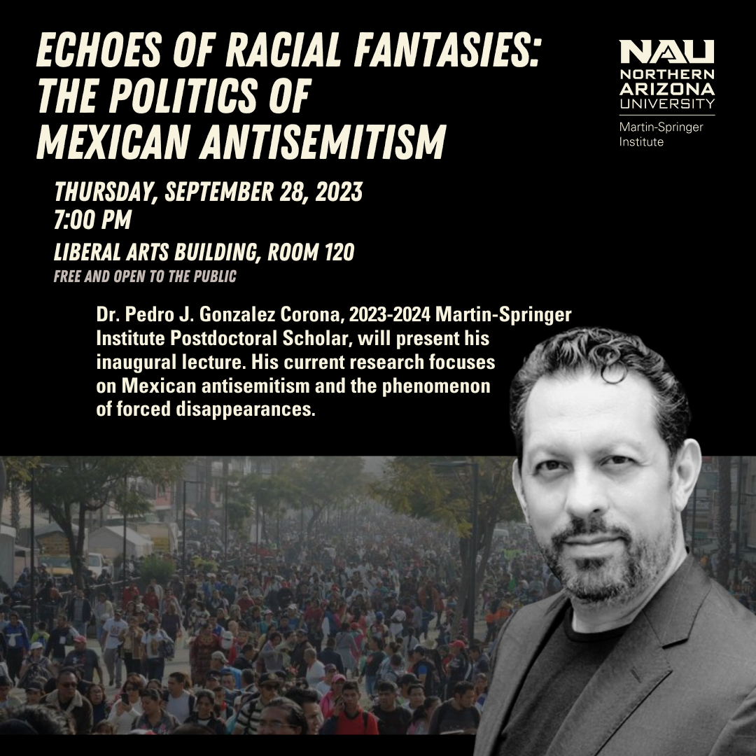 This image is in black and white and shows a man against a background of a crowd with signs. The long description repeats the text on the image.