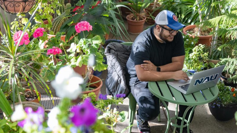 An N A U Online student working from their laptop in a garden.