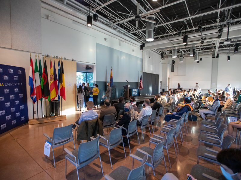 Graduation ceremony indoors.