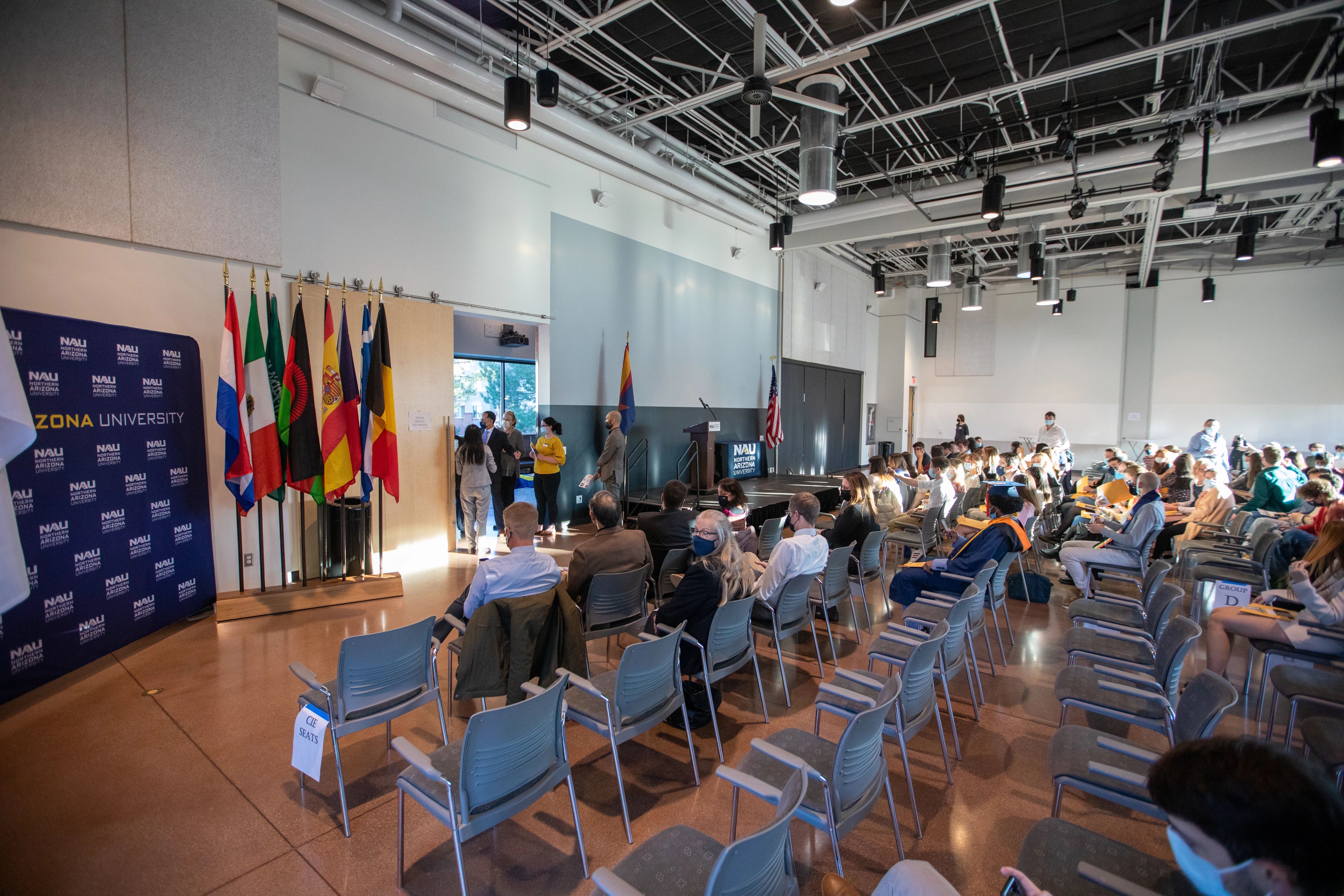 Graduation ceremony indoors.