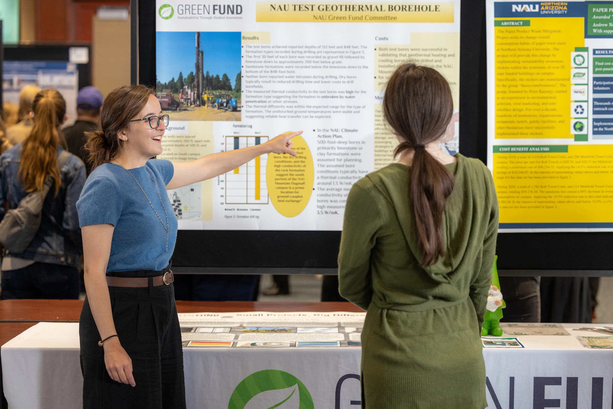 Student showing off poster with work.