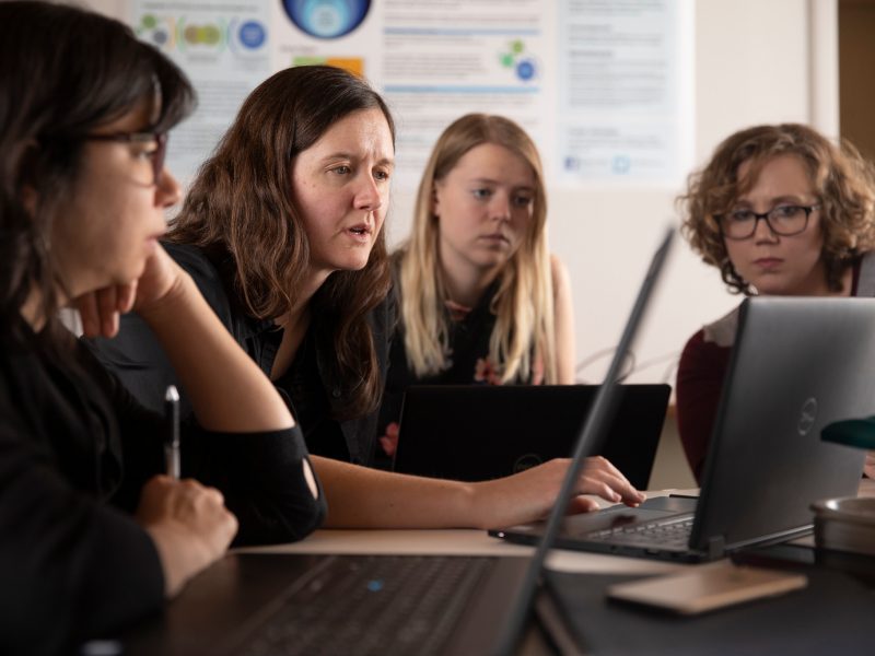 Faculty working together on a laptop.