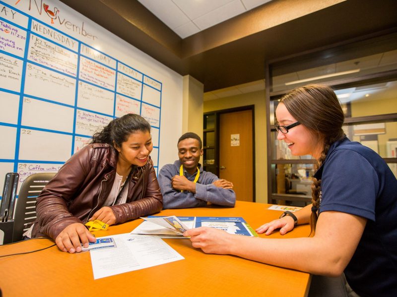Advisor and student discussing in office.