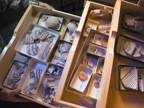 Drawers containing various rock and mineral specimens, including fossils, crystals, and rock samples. Some specimens are arranged and displayed in clear containers or trays.