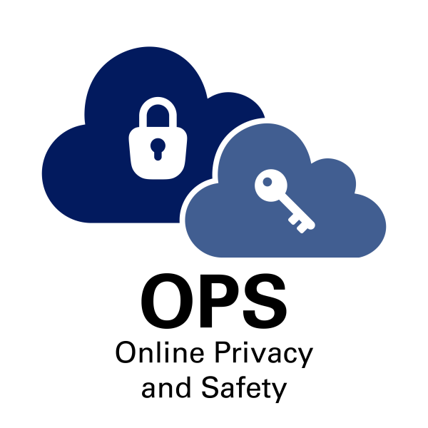 OPS Online Privacy and Safety logo shows one dark grey cloud with a padlock and a lighter grey cloud with a key