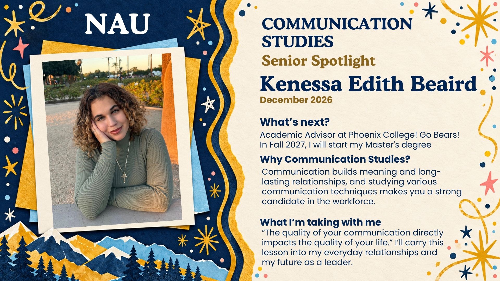 Senior spotlight featuring Kenessa Edith Beaird, a Communication Studies student graduating in December 2026.
