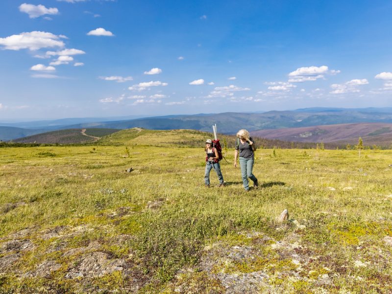 Michelle Mack and student walking in the Alaska tundra.