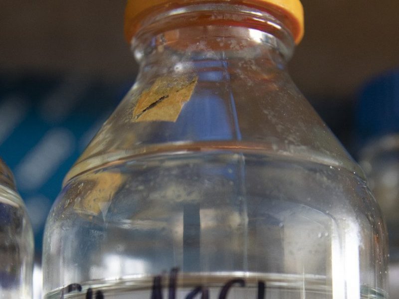 Containers of chemicals on a shelf in a chemistry lab.