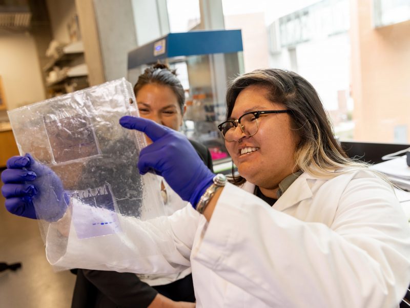 Naomi Lee and student working in the lab.