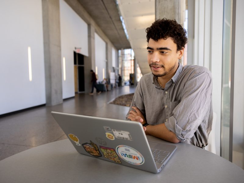 Student sitting at a table working on a computer.