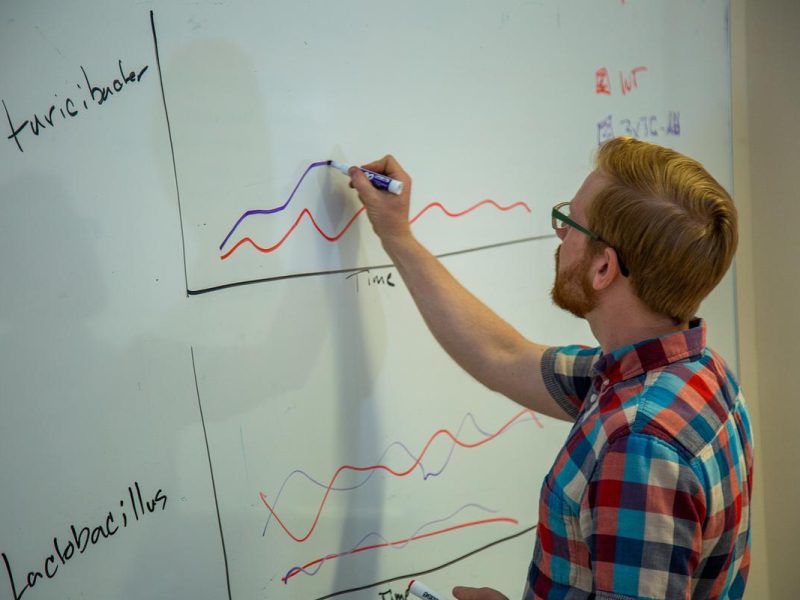 Chris Keefe with PMI writing on a white board.