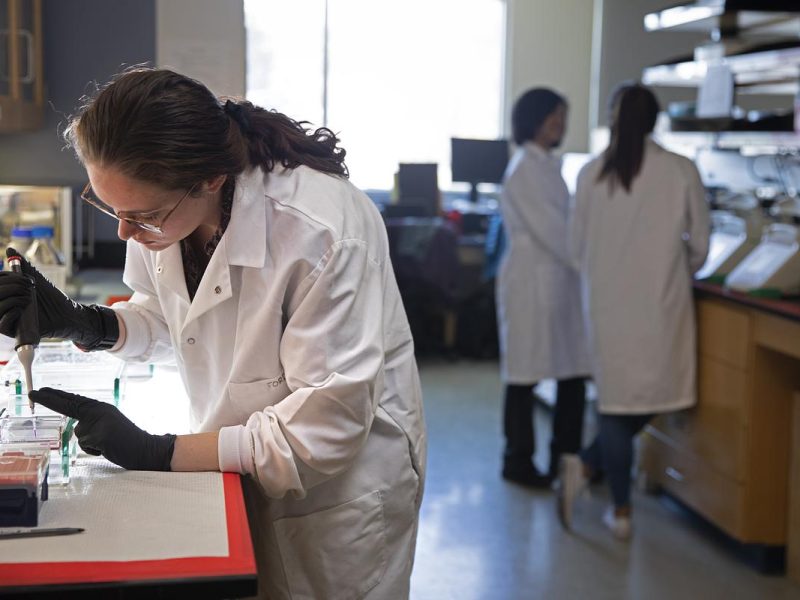 Person wearing a lab coat pipetting samples in a lab. Two other people wearing lab coats can be seen in the background.