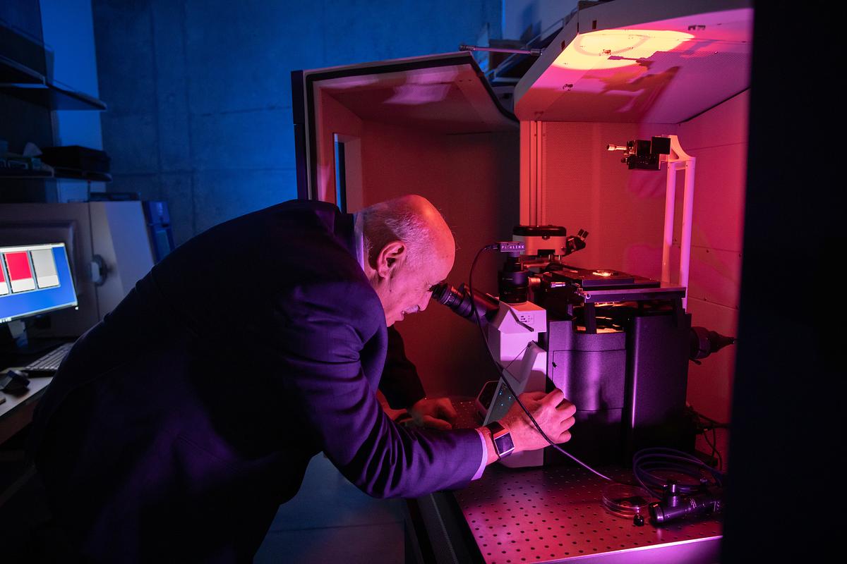 Researcher inside a dark laboratory setting, examining scientific equipment under red and blue lighting.