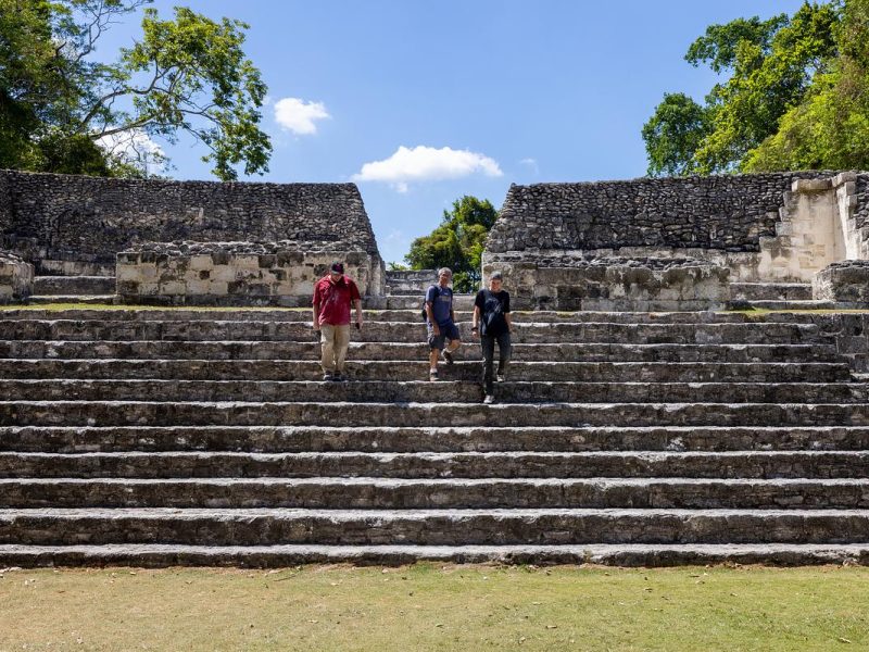 researchers in Belize walking down an outdoor stone steps leading up to a structure with stone walls and trees in the background.