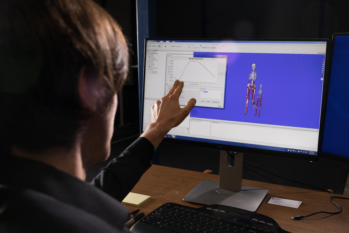 Person pointing to a graph displayed on a computer screen that displays a human skeleton.