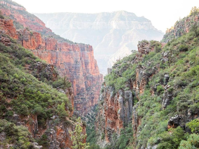 Rugged, mountainous terrain with steep, rocky cliffs, covered in lush green vegetation. Narrow valley or canyon with dramatic, towering rock formations in warm, earthy tones. Scenic, natural landscape.