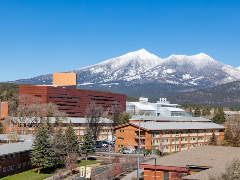 Snow-capped mountain peaks visible behind a modern campus complex featuring orange and red brick buildings with contemporary architecture, surrounded by evergreen trees and clear blue sky.