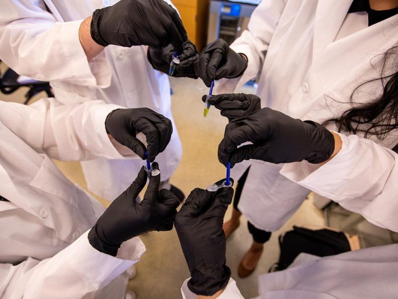 Hands in white lab coats and black gloves holding DNA test tubes in a laboratory setting.