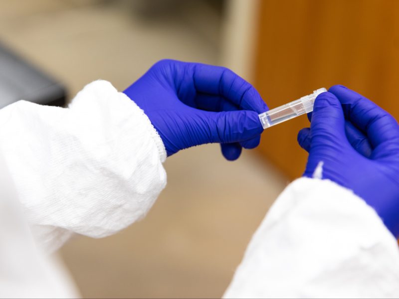 Gloved hands holding a plastic vial or test tube, wearing blue disposable latex gloves.