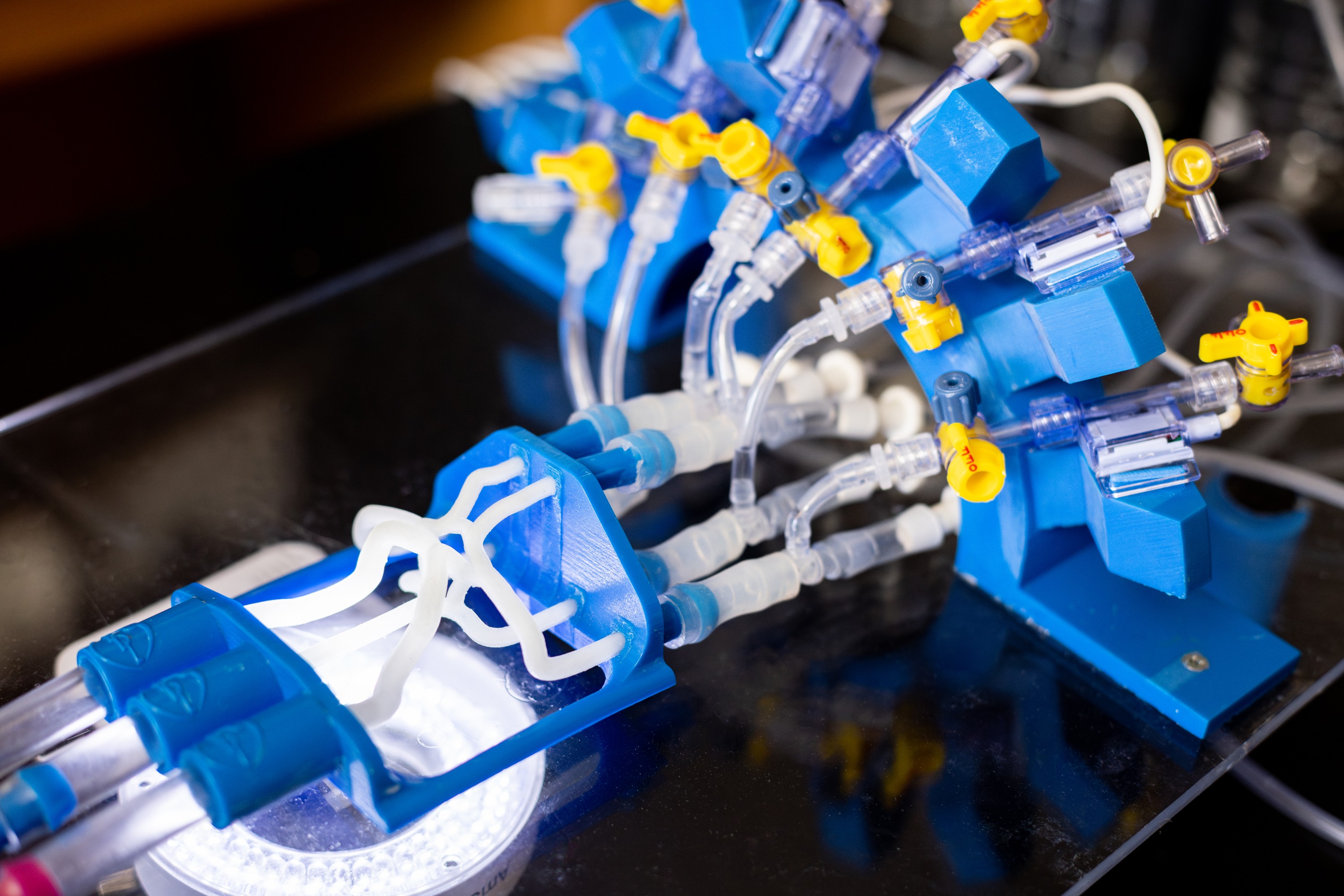 Blue and white mechanical device with tubes, valves, and connections.
