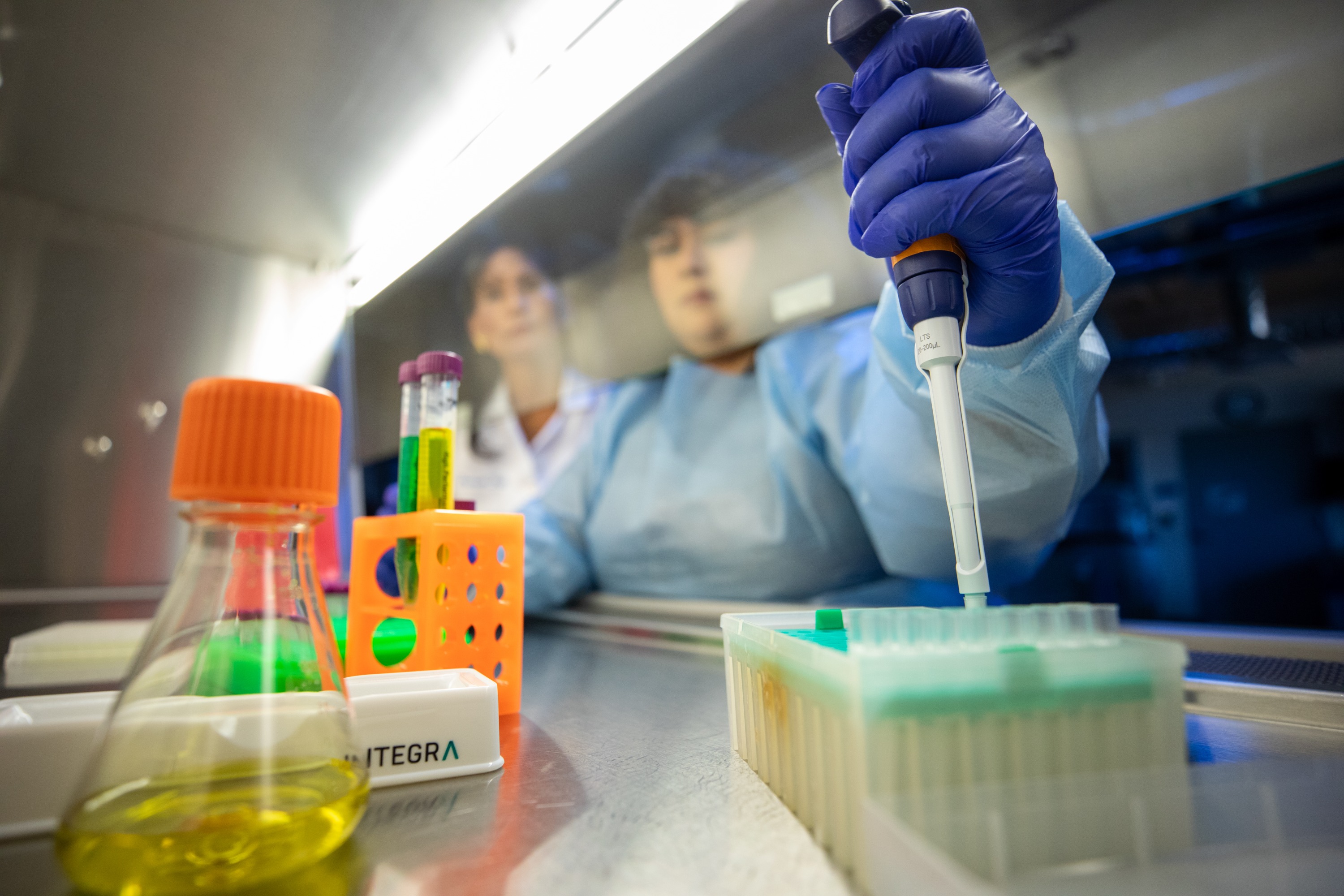 Gloved hand holding a pipette, various scientific equipment and containers on a laboratory workbench.